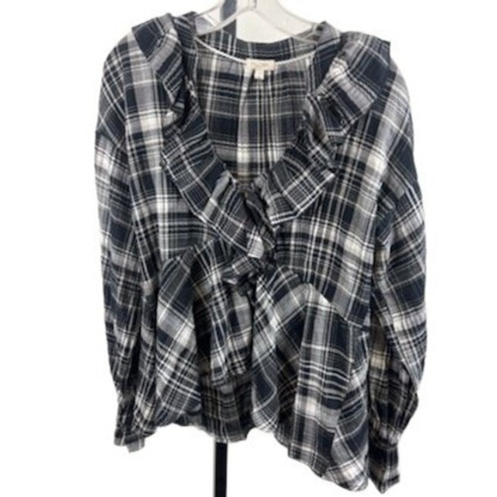 Pilcro Anthropologie Blouse Women's Size‎ Small Plaid Ruffle Long Sleeve Top